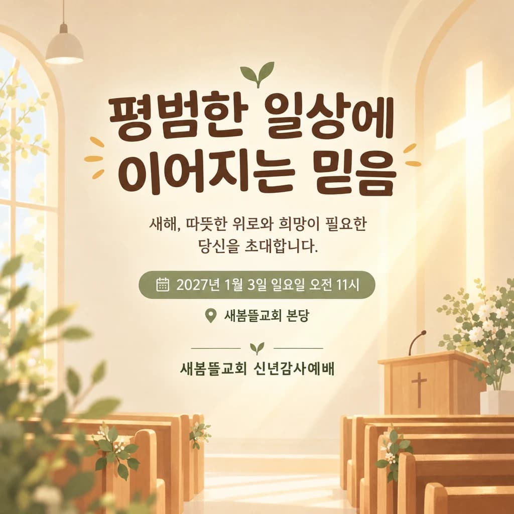 신년감사예배 현수막 포근한 자연색 · 정방형 디자인 예시 (포근한 자연색 스타일) — "평범한 일상에 이어지는 믿음"