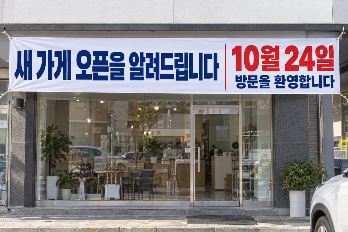 개업 현수막 활용 예시 — 매장 전면의 긴 벽 (500×90cm)