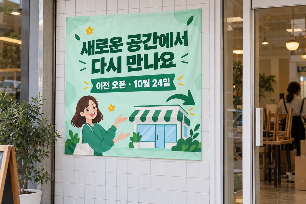 개업 현수막 활용 예시 — 이전한 가게의 입구 옆 (120×120cm)