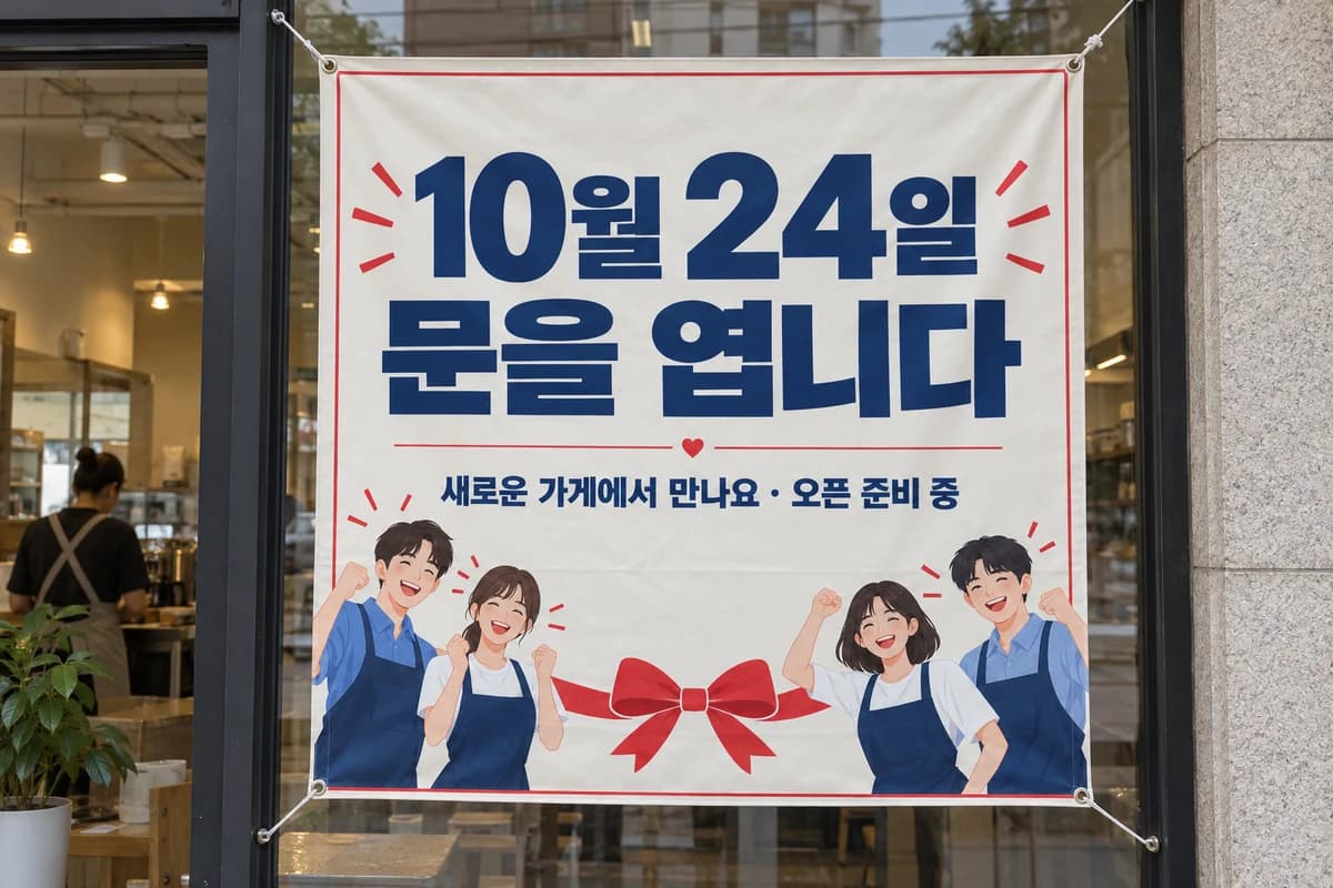 개업 현수막 활용 예시 — 오픈 준비 중인 매장 창문 (120×120cm)