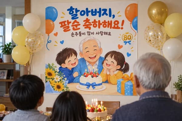 팔순 현수막 활용 예시 — 손주들이 준비한 집 케이크 자리 (90×90cm)