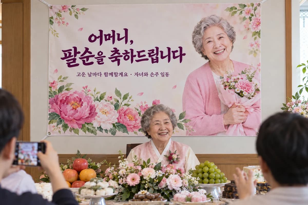 팔순 현수막 활용 예시 — 어머니의 꽃과 가족 잔칫상 (120×80cm)