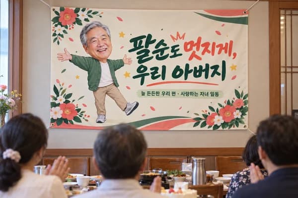 팔순 현수막 활용 예시 — 식당 룸에서 아버지의 팔순 식사 (120×80cm)