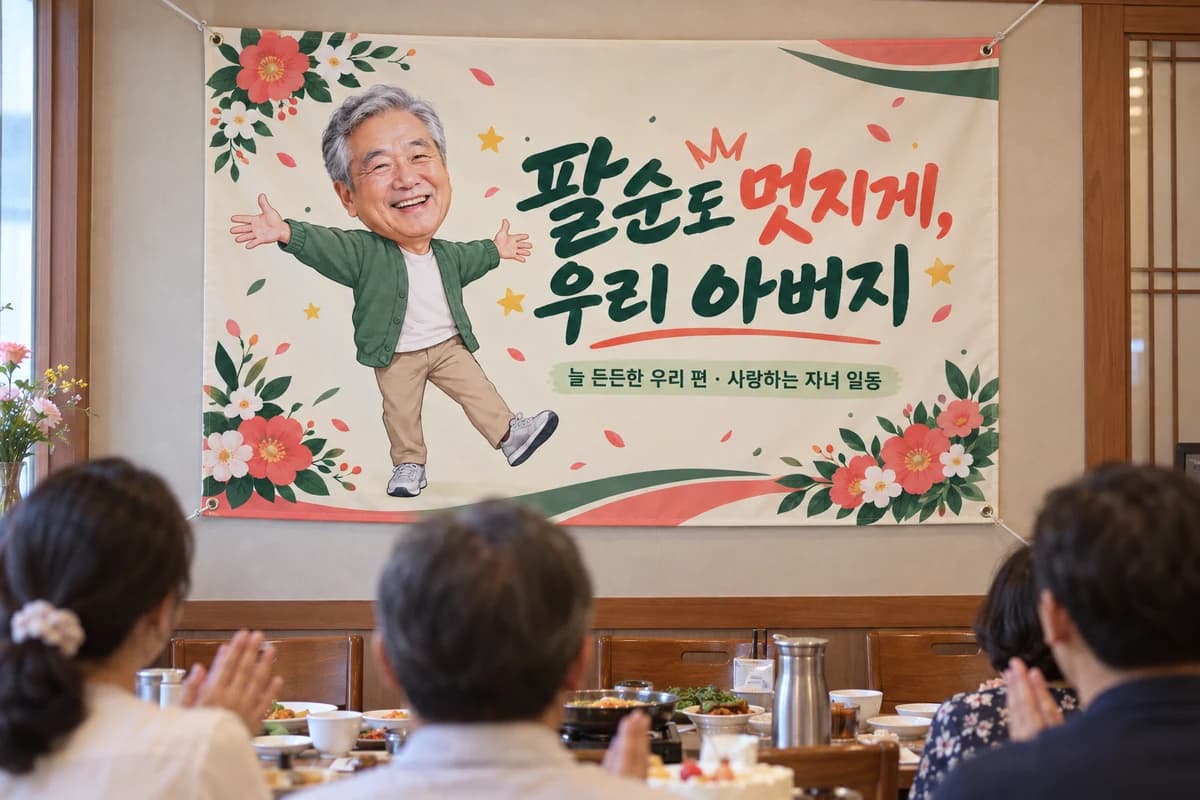 팔순 현수막 활용 예시 — 식당 룸에서 아버지의 팔순 식사 (120×80cm)