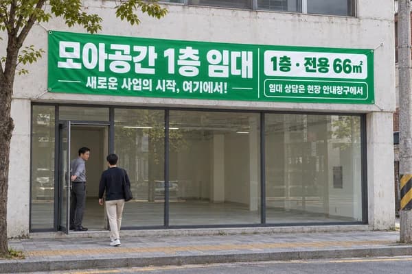 상가 임대 현수막 활용 예시 — 넓은 공간에 걸기 (500×90cm)