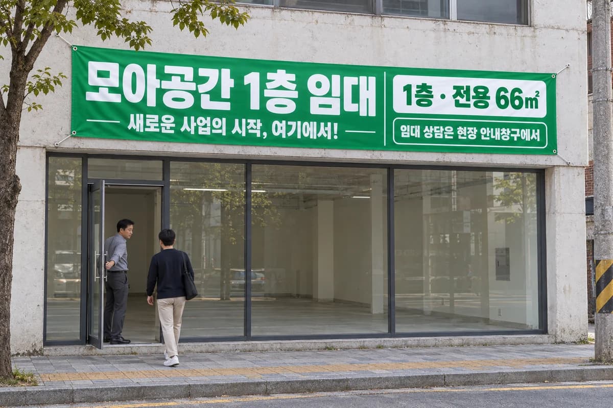 상가 임대 현수막 활용 예시 — 넓은 공간에 걸기 (500×90cm)