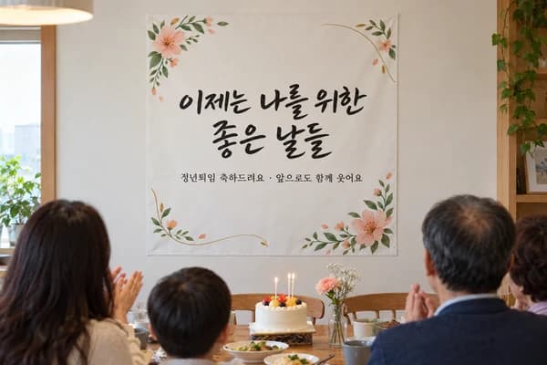 퇴임 현수막 활용 예시 — 가족 식사 자리에서 새출발 축하하기 (90×90cm)