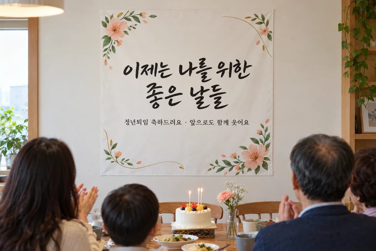 퇴임 현수막 활용 예시 — 가족 식사 자리에서 새출발 축하하기 (90×90cm)