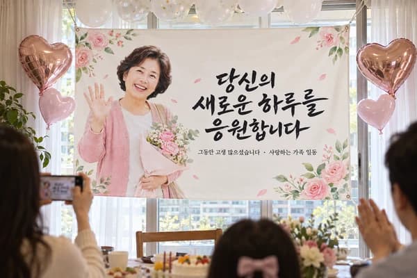퇴임 현수막 활용 예시 — 집 창가에서 가족 퇴임 파티 열기 (120×80cm)