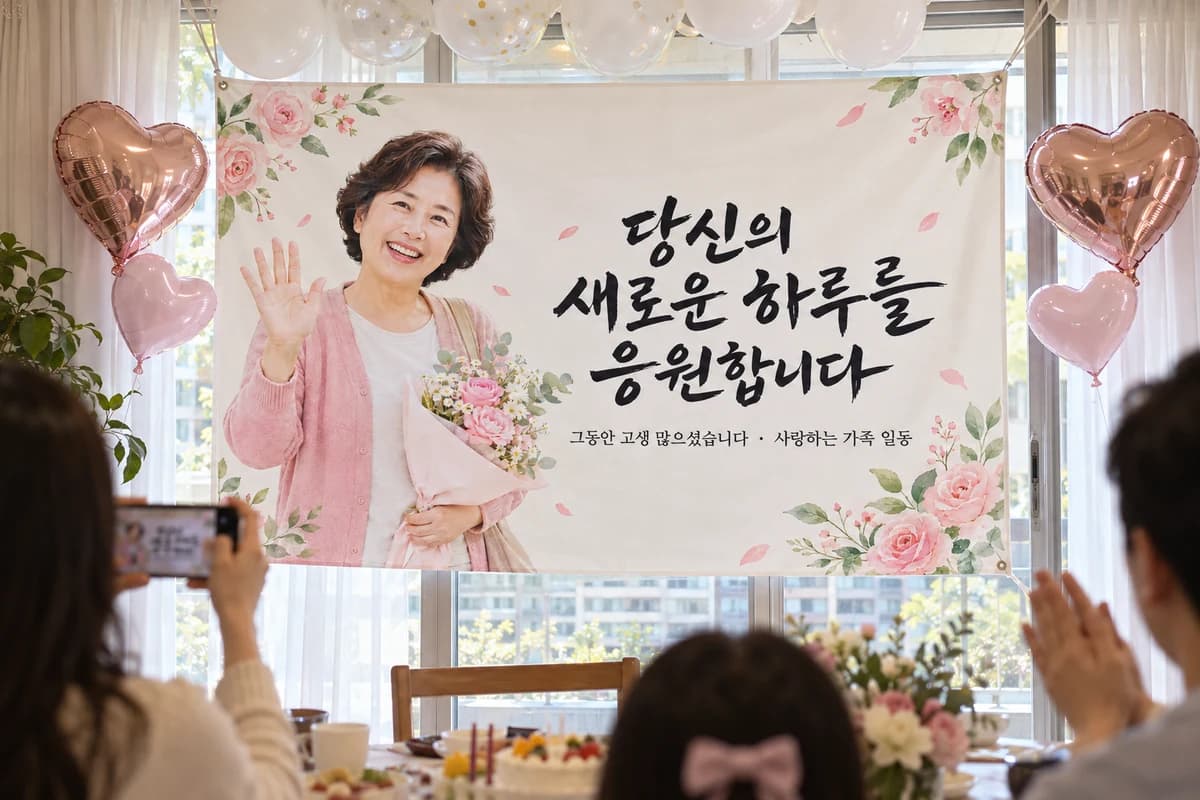 퇴임 현수막 활용 예시 — 집 창가에서 가족 퇴임 파티 열기 (120×80cm)