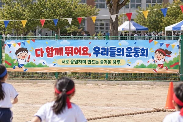 체육대회 현수막 활용 예시 — 운동장 펜스에 행사 이름 걸기 (500×90cm)