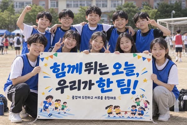 체육대회 현수막 활용 예시 — 팀원들과 단체사진 남기기 (120×80cm)