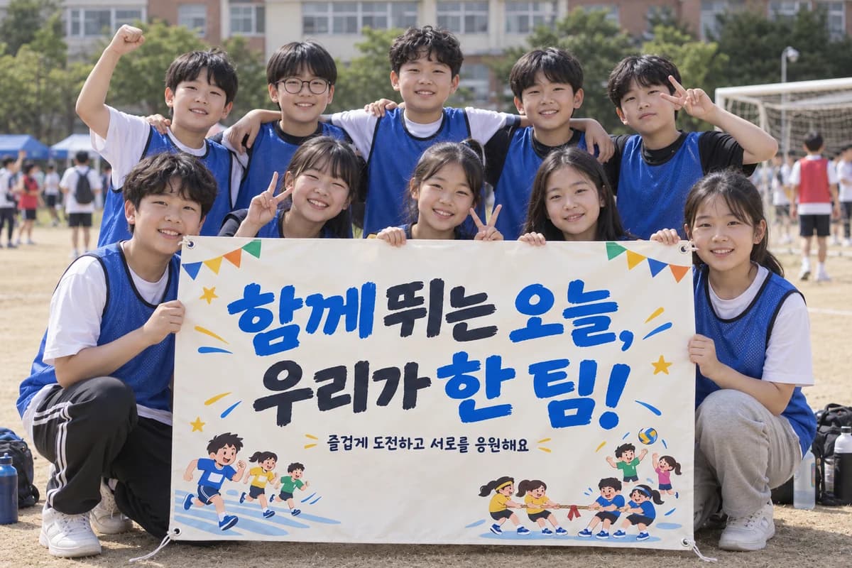 체육대회 현수막 활용 예시 — 팀원들과 단체사진 남기기 (120×80cm)