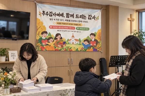 추수감사절 현수막 활용 예시 — 벽에 걸어 안내하기 (120×80cm)