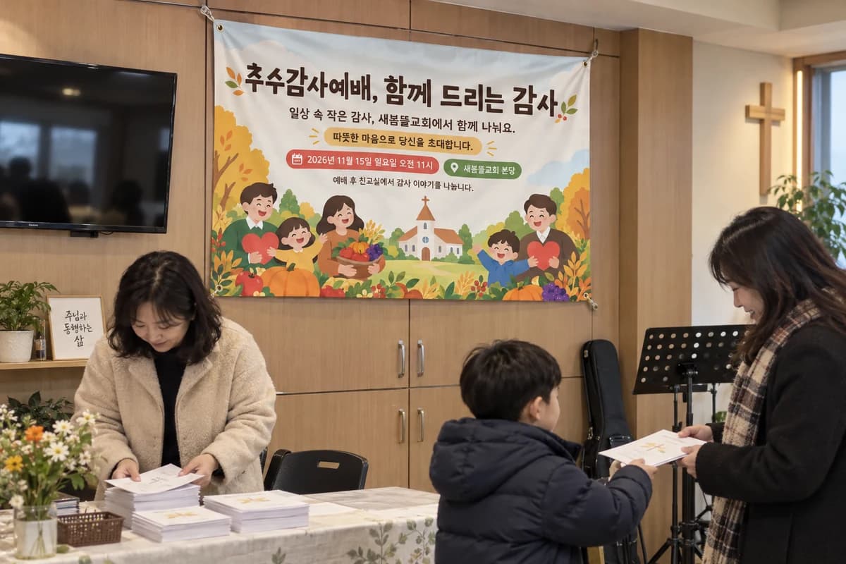 추수감사절 현수막 활용 예시 — 벽에 걸어 안내하기 (120×80cm)