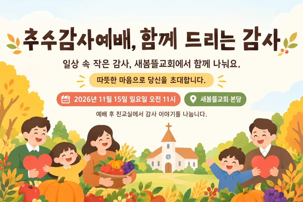 추수감사절 현수막 밝은 동화 일러스트 · 짧은 가로형 디자인 예시 (밝은 동화 일러스트 스타일) — "추수감사예배, 함께 드리는 감사"