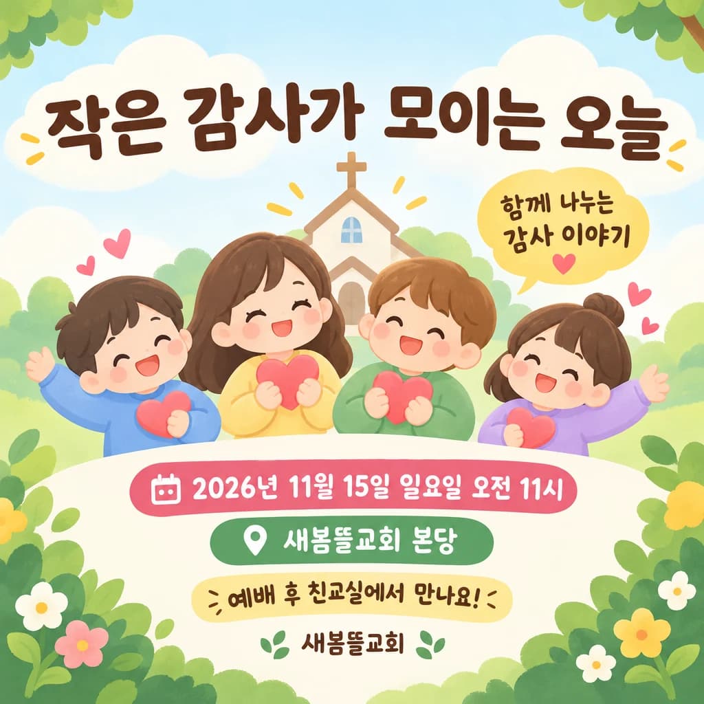 추수감사절 현수막 아기자기 캐릭터 · 작은 정방형 디자인 예시 (아기자기 캐릭터 스타일) — "작은 감사가 모이는 오늘"