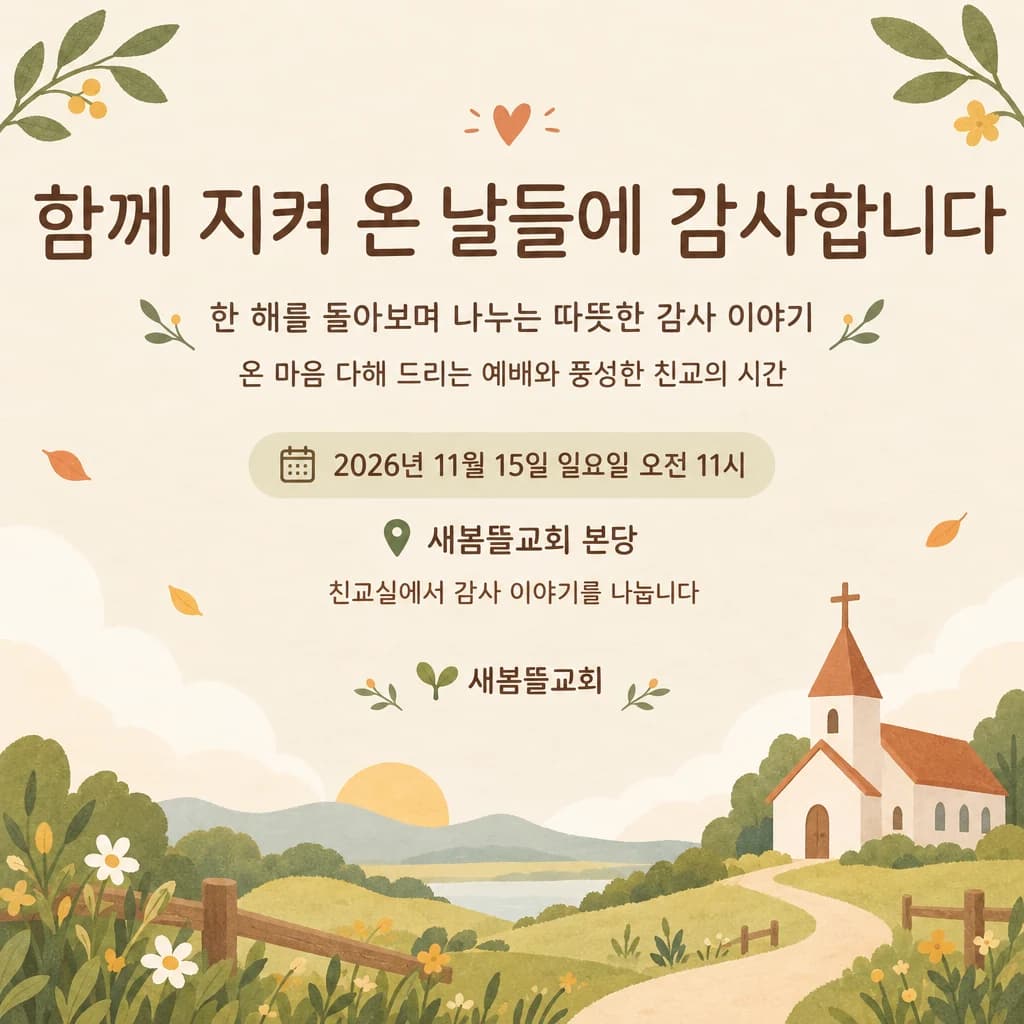 추수감사절 현수막 포근한 자연색 · 정방형 디자인 예시 (포근한 자연색 스타일) — "함께 지켜 온 날들에 감사합니다"