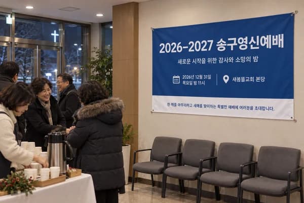 송구영신예배 현수막 활용 예시 — 벽에 걸어 안내하기 (120×80cm)