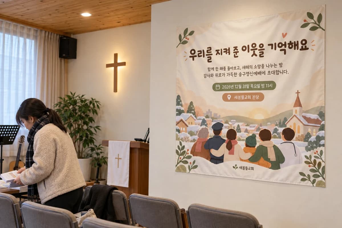 송구영신예배 현수막 활용 예시 — 작은 공간에 붙이기 (120×120cm)