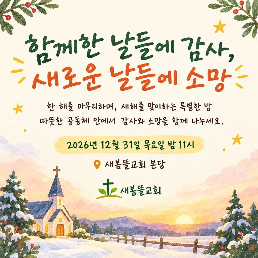 송구영신예배 현수막 손글씨 제목 · 작은 정방형 디자인 예시 (손글씨 제목 스타일) — "함께한 날들에 감사, 새로운 날들에 소망"