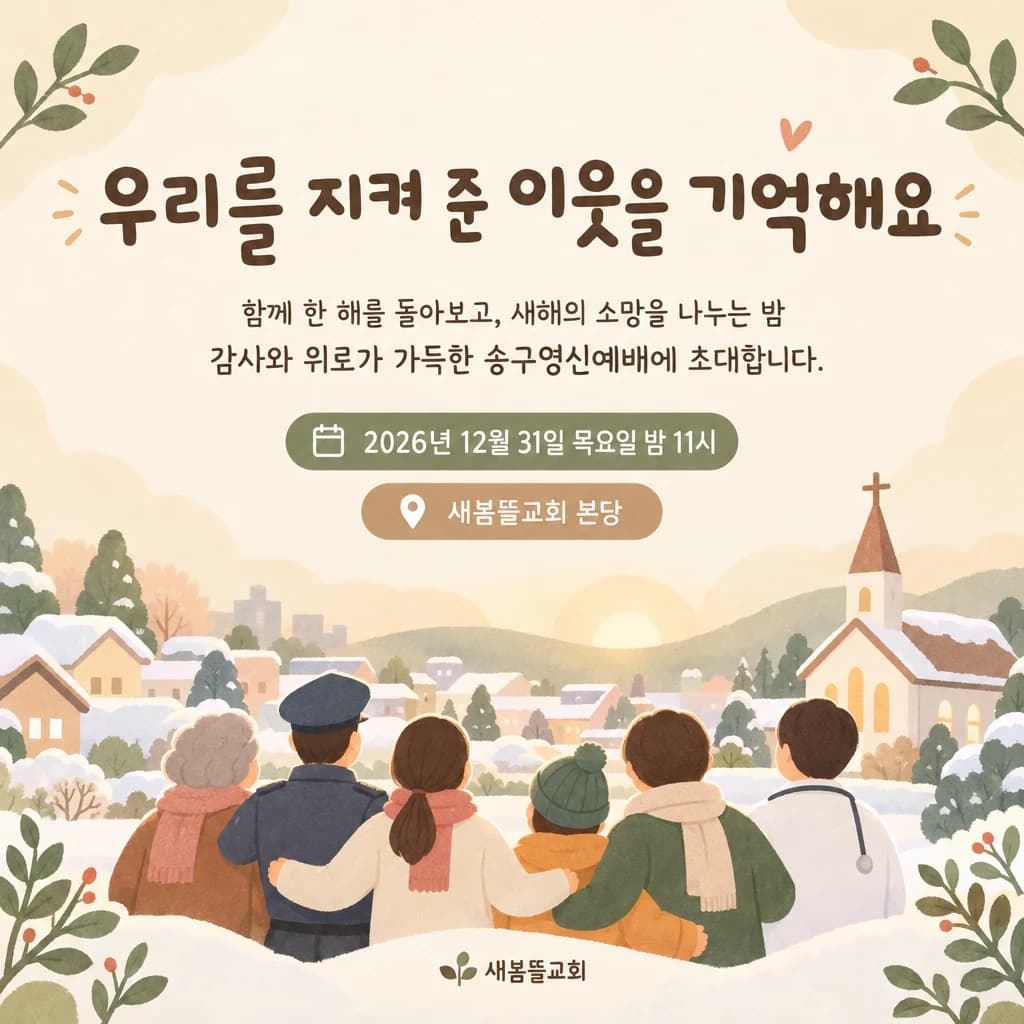 송구영신예배 현수막 포근한 자연색 · 정방형 디자인 예시 (포근한 자연색 스타일) — "우리를 지켜 준 이웃을 기억해요"