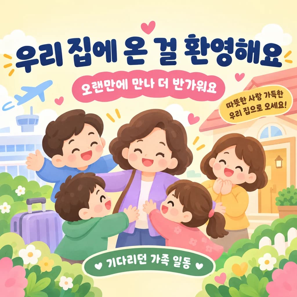 귀국·방문 환영 현수막 아기자기 캐릭터 · 작은 정방형 디자인 예시 (아기자기 캐릭터 스타일) — "우리 집에 온 걸 환영해요"