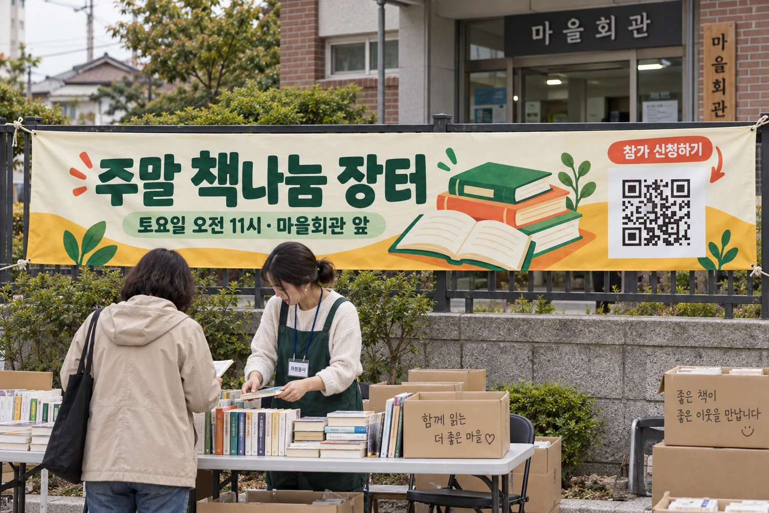 책나눔 장터 접수 장소의 낮은 울타리에 건 참가 신청 QR 현수막 연출 예시