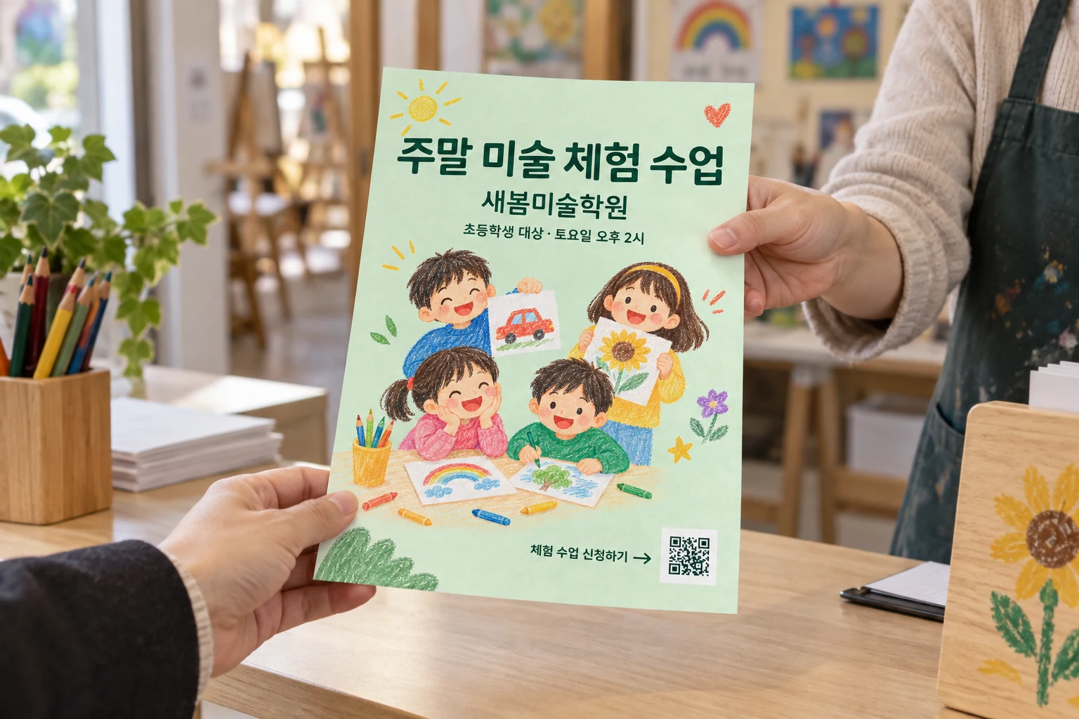 미술학원 안내 데스크에서 학부모에게 건네는 A4 QR 전단지 연출 예시