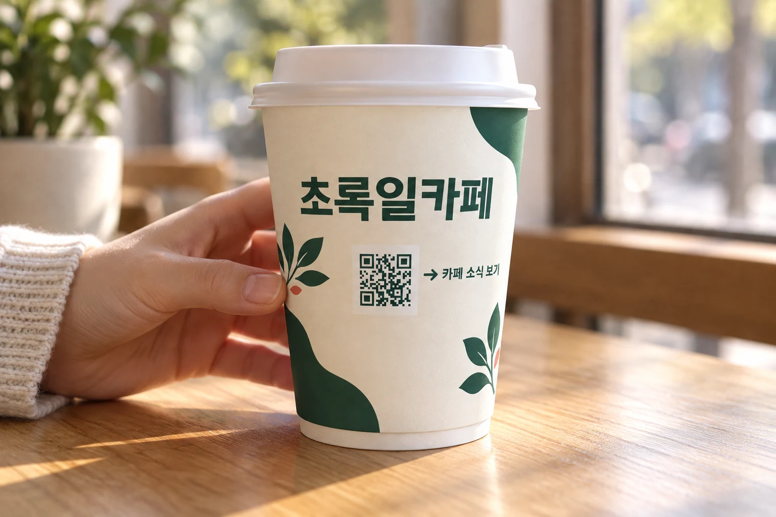 카페 테이블에서 손에 든 초록일카페 13온스 QR 인쇄 종이컵 연출 예시