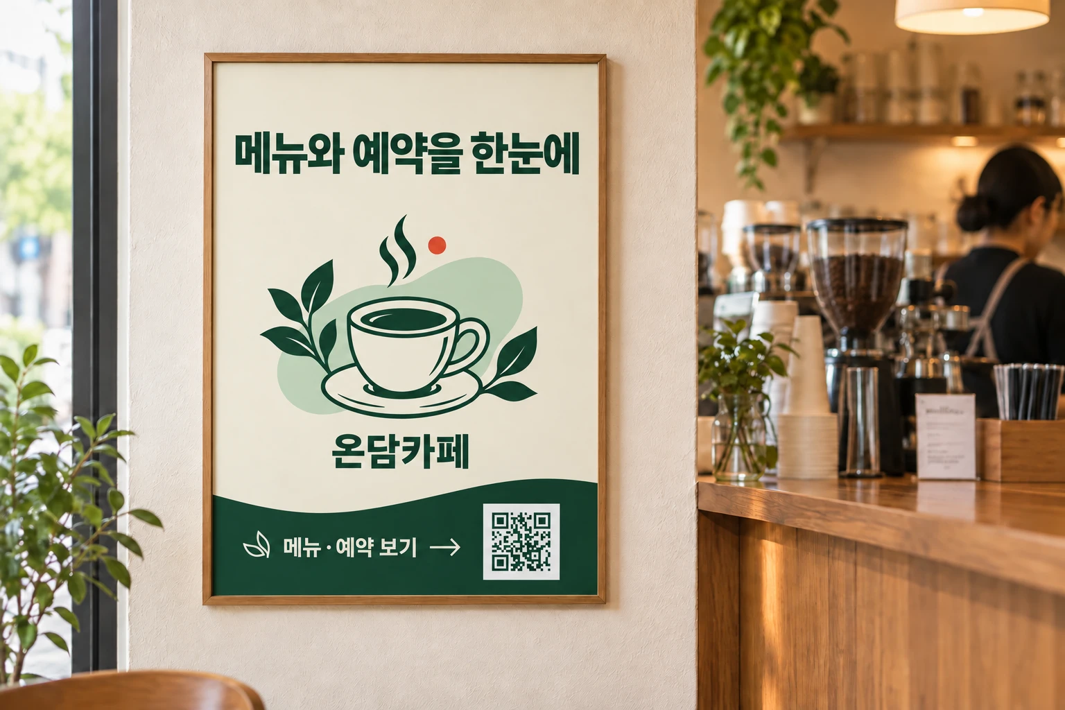 카페 계산대 옆 벽에 붙인 메뉴·예약 QR 포스터 연출 예시