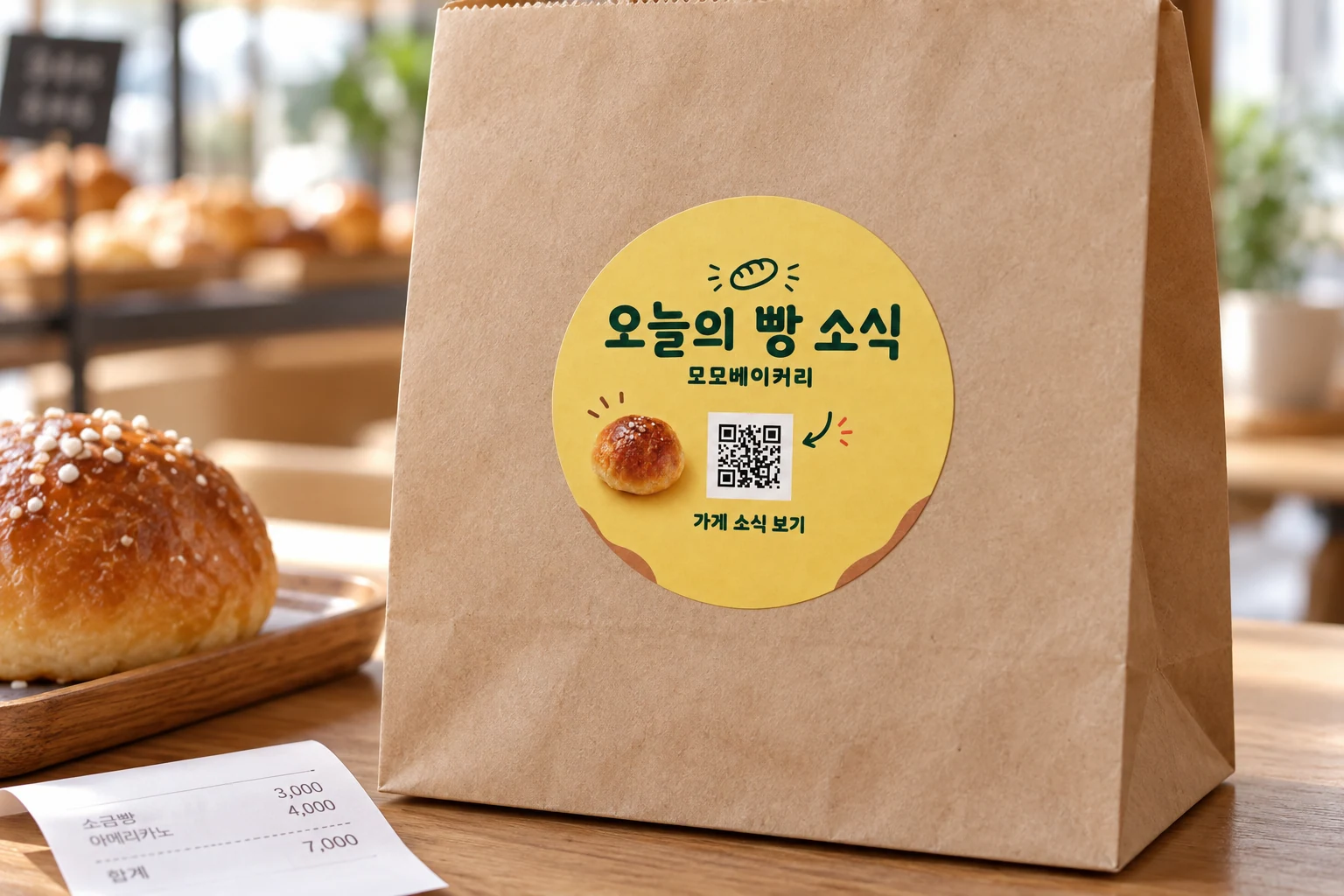 평평한 종이 포장 봉투에 붙인 모모베이커리 원형 QR 스티커 연출 예시