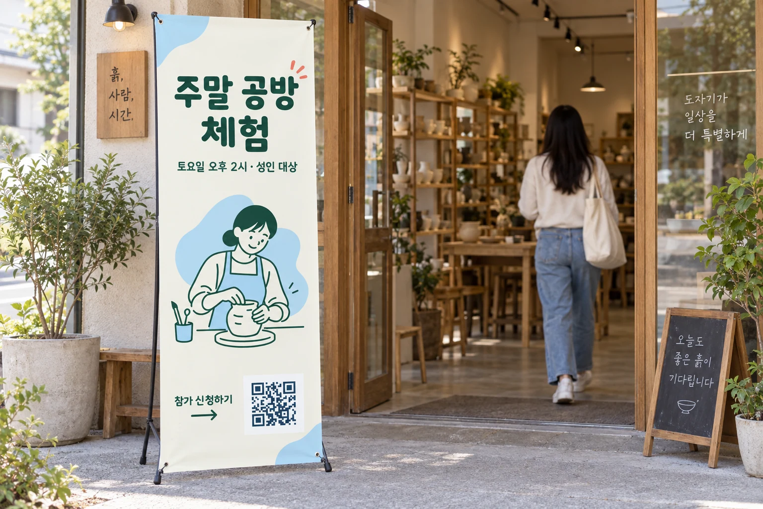 도예 공방 입구에 세운 체험 행사 참가 신청 QR 배너 연출 예시