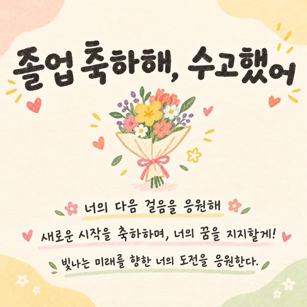 꽃다발과 손글씨 제목으로 구성한 졸업 축하 90×90cm 디지털 시안
