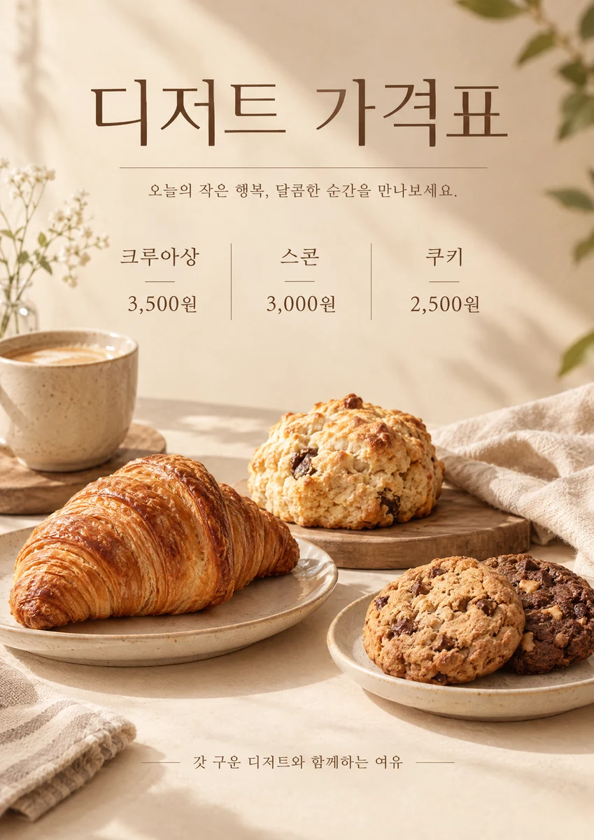 메뉴판·가격표 포스터 디저트 가격표 B3 디자인 예시 (베이지 카페 감성 스타일) — "디저트 가격표"