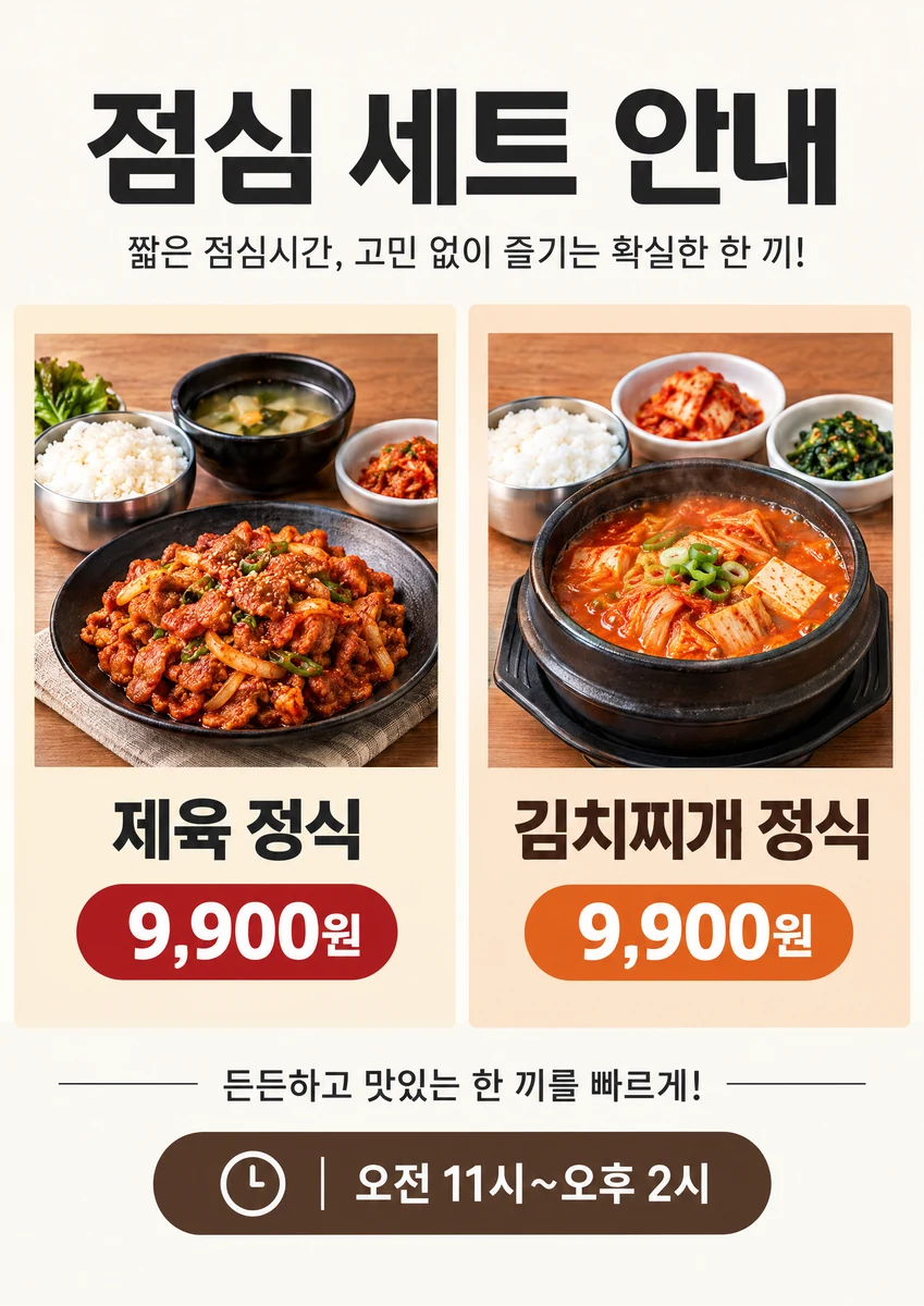 메뉴판·가격표 포스터 점심 세트 안내 B3 디자인 예시 (깔끔 정보형 스타일) — "점심 세트 안내"
