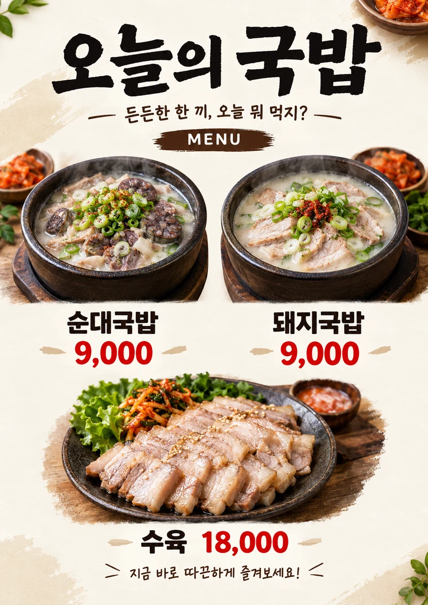 메뉴판·가격표 포스터 대표 사진 메뉴판 A2 디자인 예시 (대표 사진 나열 스타일) — "오늘의 국밥"