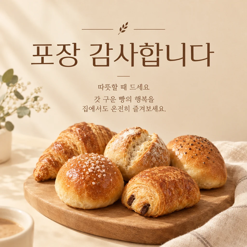 리뷰·서비스 스티커 포장 감사 정사각형 디자인 예시 (베이지 카페 감성 스타일) — "포장 감사합니다"